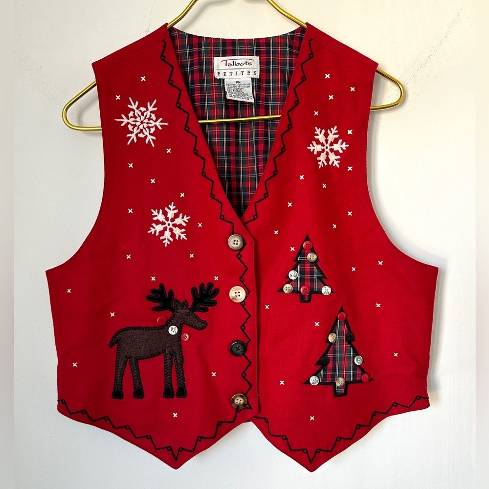 Vintage Talbots Petite Red Holiday Christmas Reindeer Snow Wool Blend Vest PM